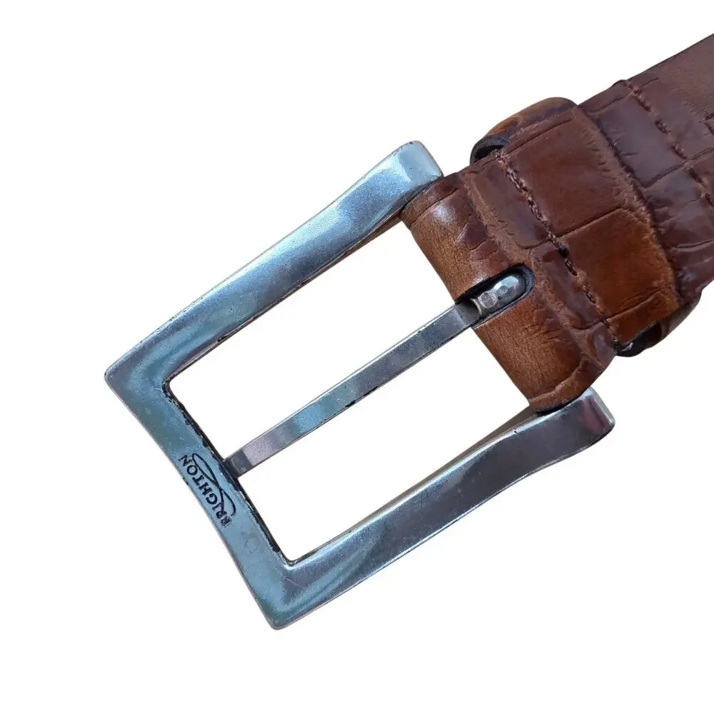 Brighton Belt Women's L Large 34 Brown Leather Croc Silver VTG Western